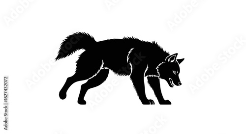 side profile of a stalking wolf, a bold black silhouette isolated on a transparent background, perfect for logo design or print media