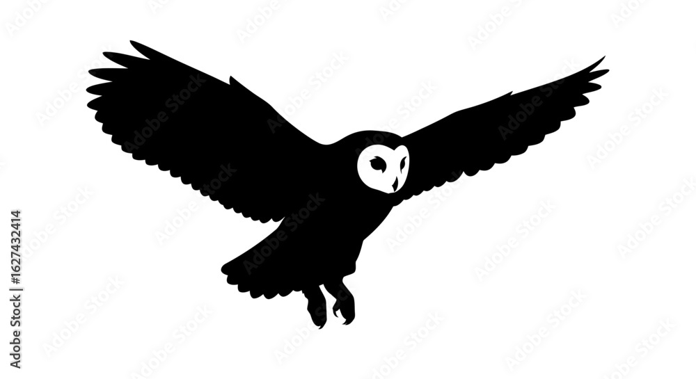 Fototapeta premium side profile of a barn owl in flight: elegant black silhouette isolated on transparent background, perfect for design projects