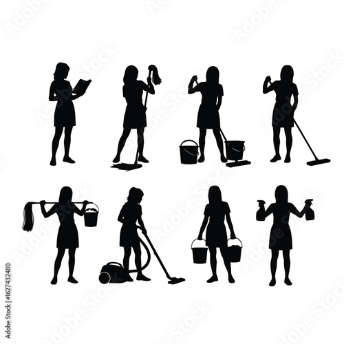 Vector art of silhouettes of women cleaning isolated on white background