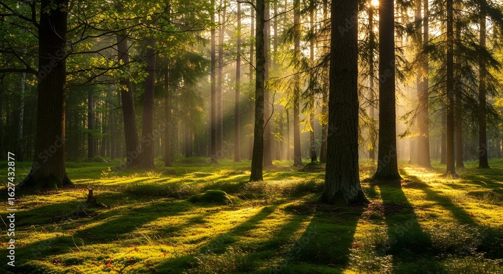 Fototapeta premium Sunlight streams through the trees in a lush forest, creating a beautiful and serene landscape with shadows and beams of light
