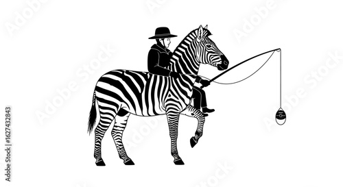 side profile of a person in a hat astride a zebra, fishing with a long rod, isolated on a transparent background: a unique vector illustration