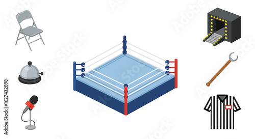 Set of isometric icons for professional wrestling entertainment, featuring a ring, referee shirt, and accessories.