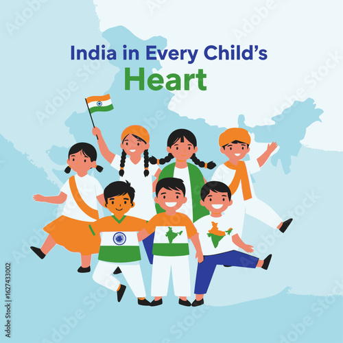 A diverse group of smiling Indian children stand united in front of a map of India.