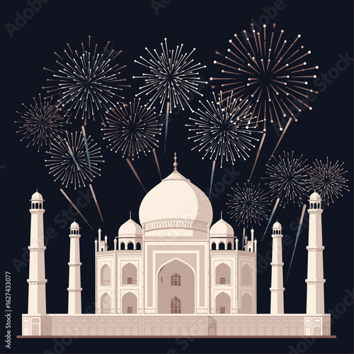A festive illustration of the Taj Mahal with a spectacular fireworks display in the night sky.
