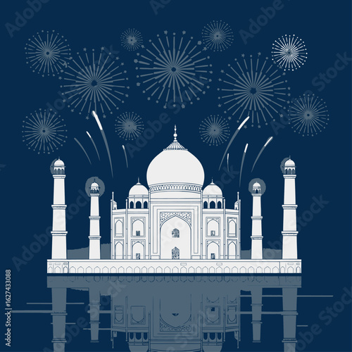 An illustration of the Taj Mahal with fireworks exploding in the night sky and its reflection in the water.