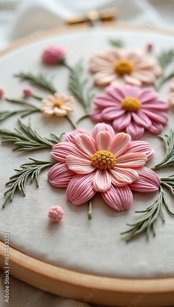 Fototapeta premium Macro view of floral hand embroidery with thick floss on canvas fabric, showing high-relief threadwork and delicate stitching patterns.