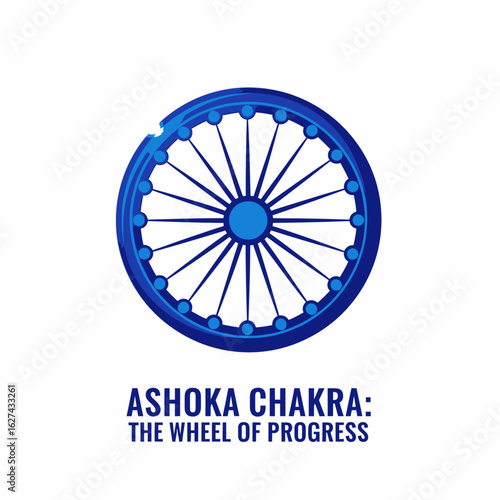 Blue Dharmachakra wheel, an ancient Indian symbol of progress, law, and righteousness.