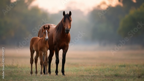 horse with a small foal in a field on a farm