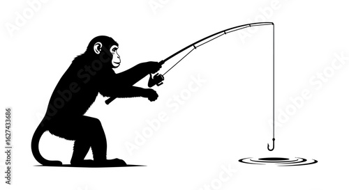 profile view of a silhouette monkey patiently fishing with a rod, isolated on a transparent background – a bold vector illustration