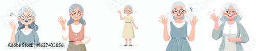 Happy Grandmother Characters Waving – Cartoon Vector Illustration Set