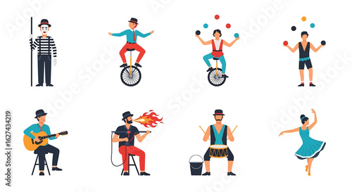 Collection of street artist and circus performer characters. Flat vector illustrations of entertainers, including mime, juggler, and musician.
