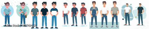 Male Character Set – Casual Young Men Standing in Various Poses – Vector Illustration