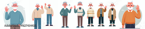 Elderly Man Character Set – Grandpa in Sweaters and Cardigans – Waving Pose Vector