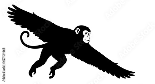 side profile of a monkey with wings in flight: a bold, black silhouette illustration isolated on transparent background