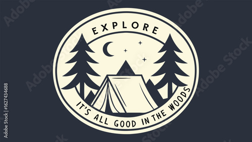 Vintage circular emblem camping scene tent