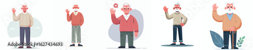 Smiling Elderly Men Waving – Grandpa Character Set – Vector Flat Illustration