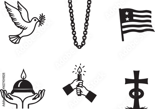 Symbols of peace, unity, remembrance, and faith in black and white