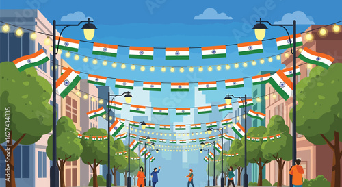 Festive city street in India decorated with tricolor flags for a national holiday. Patriotic celebration vector concept.