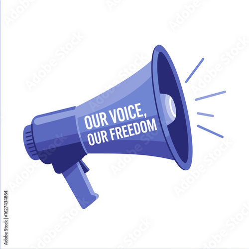 A purple megaphone illustration with the slogan 'Our Voice, Our Freedom' for activism and protests