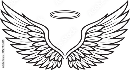 Black and white angel wings with halo bird wings flying