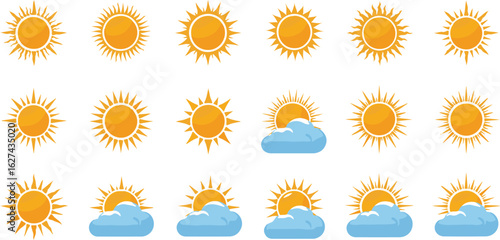 Fifteen Sun Icons Including Full Suns, Horizon Views, and Suns with Clouds graphic symbol