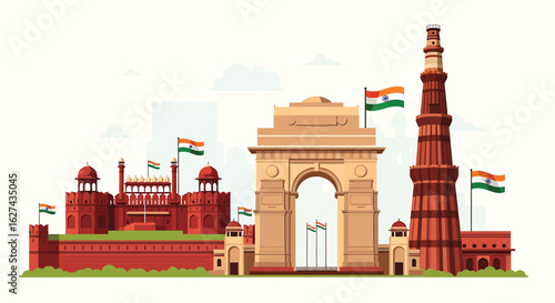 Famous landmarks of Delhi, India. Vector illustration of the city's iconic architecture and monuments.