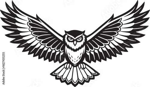 Black and white illustration of a flying owl bird raptor