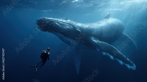 Fototapeta Naklejka Na Ścianę i Meble -  diver and big whale swimming in the sea