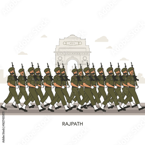 Indian army soldiers marching in formation during a parade at India Gate in New Delhi