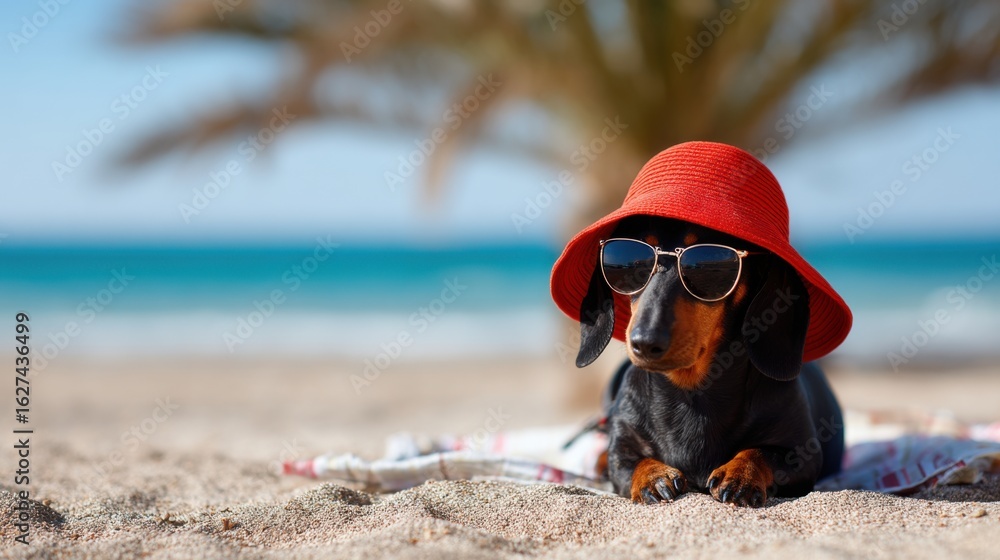 Obraz premium dachshund dog in a red hat on a city street