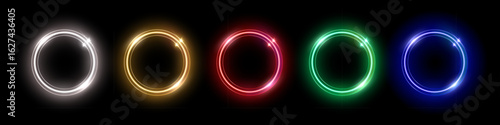 Neon color round frames. Abstract colorful glow light circles. Laser bright round shapes. Futuristic illuminated buttons. Geometric graphic vector set isolated on black background.