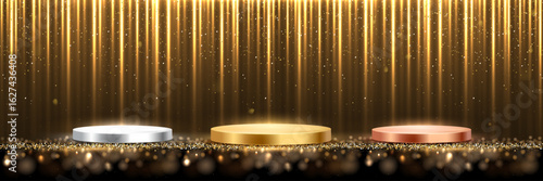 Gold, silver and bronze award podiums. Shiny stage with three winner platforms under falling glitter and sparkling spotlight. Celebration, victory, ceremony mock-up. Abstract vector illustration.