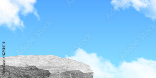 Stone podium on sky background. Rock platform for product display or presentation scene with clouds and blue sky. Minimalistic natural pedestal. Abstract vector illustration.