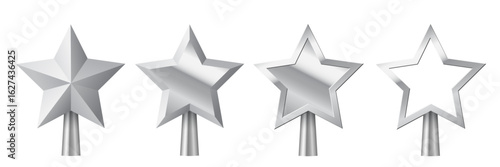 Christmas silver tree topper set vector illustration. Realistic 3D silver star decoration in deco style. Decorative traditional top of Xmas pine tree in winter season isolated on white.