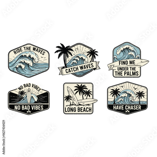 Art of ride the waves catch waves find me under the palms no bad vibes long beach have chaser set of vintage surfing badges