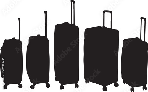 Black luggage silhouettes with wheels and handles suitcases