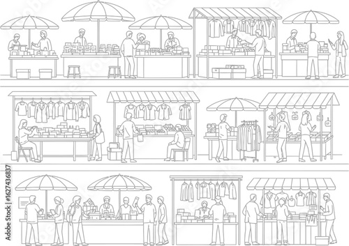 Detailed line drawing depicting a bustling outdoor market scene with numerous stalls and shoppers engaged in commerce