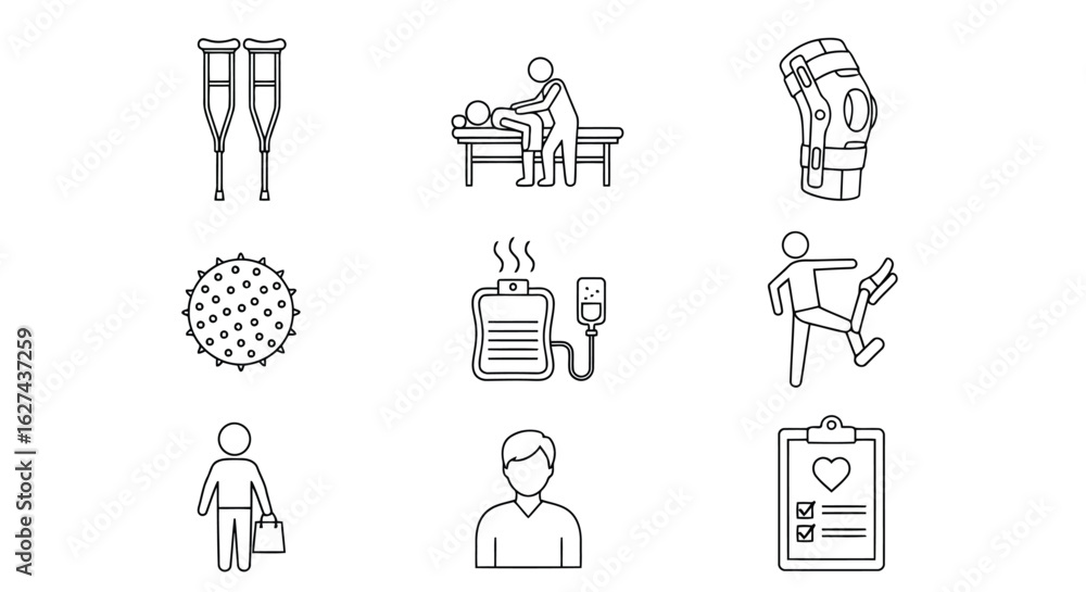Medical icons crutches knee brace patient care physiotherapy equipment vector Medical icons crutches knee brace patient care physiotherapy equipment vector