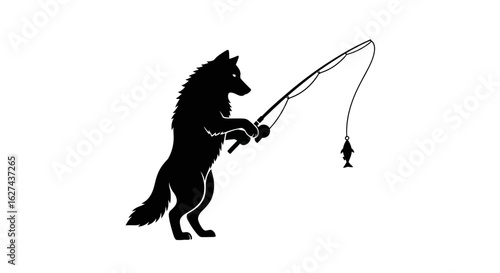silhouette of a wolf angler: a majestic canine standing on its hind legs, patiently holding a fishing rod with a caught fish, isolated on a transparent background   vector illustration