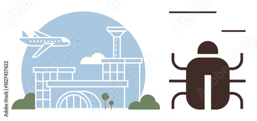 Airplane takes off near control tower and terminal with trees, paired with insect silhouette. Ideal for transportation, environmental concern, biodiversity, ecological impact, aviation