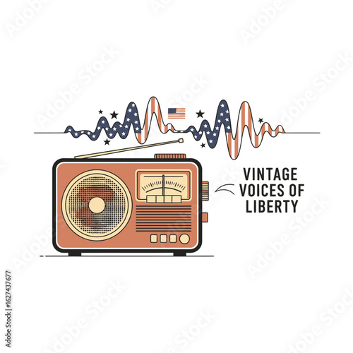 Illustration of a vintage radio broadcasting a patriotic American soundwave, a concept for the voices of liberty and freedom.
