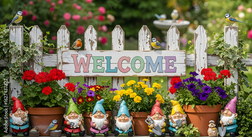 Colorful Garden Welcome Sign with Flower Pots and Garden Gnomes