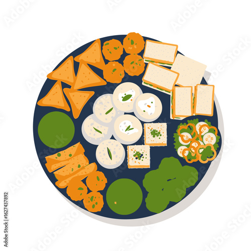 Top-down view of a delicious platter of traditional Indian vegetarian snacks like samosa, dhokla, and vada with green chutney.