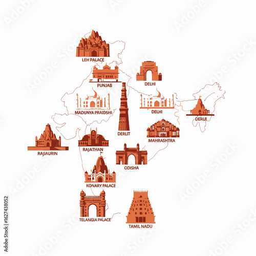Illustrated Map of India Showcasing Diverse Architectural Wonders and Cultural Heritage Sites, a Conceptual Journey Through Historic Landmarks and Popular Travel Destinations.