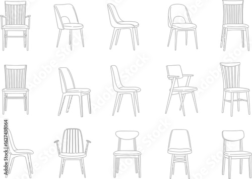 Collection of vintage style chairs sketched with expressive ink lines creating a charming and artistic display of furniture design