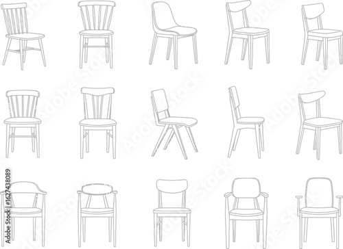 Collection of antique and vintage chair sketches showcasing diverse styles and intricate designs in a clean artistic illustration