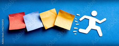 Person escaping from busy schedule represented by colorful sticky notes, symbolizing freedom