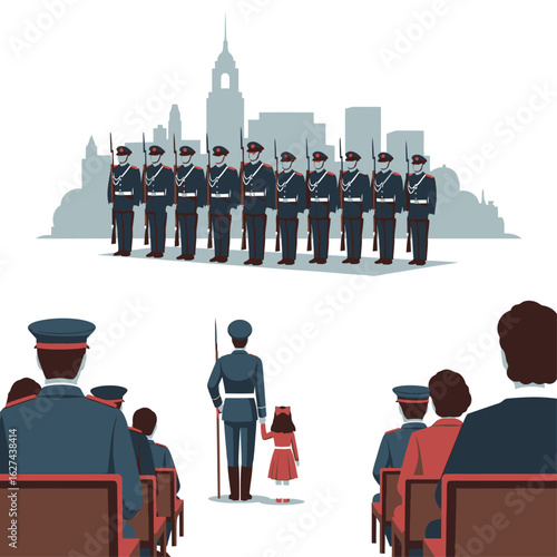 Vector graphic of a formal honor guard ceremony, highlighting the bond between a soldier and a child before a city skyline.