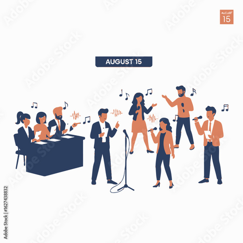 Singers performing for a jury at a vocal competition. Flat vector illustration of a talent contest or music audition with performers on stage.