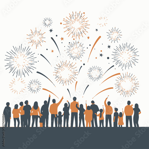 A silhouette of a crowd of people, including adults and children, watching a colorful fireworks display in the night sky.